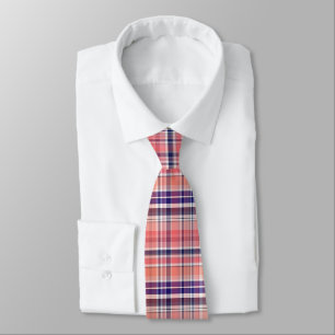 Licht Koraal, Marineblauw, Witte Preppy Madras Pla Stropdas