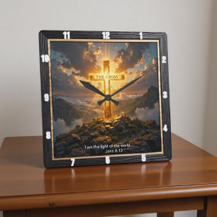 Licht Kruis Berg Gouden Redding Johannes 8:12 Vierkante Klok