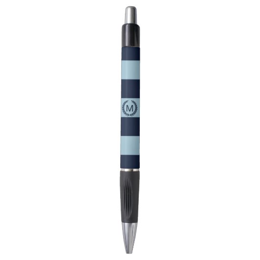 Licht & marineblauw gestreept monogram op maat pen (Voorkant Verticaal)