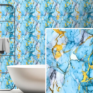 Licht Mid Blue Aqua goud gemarmerd Behang