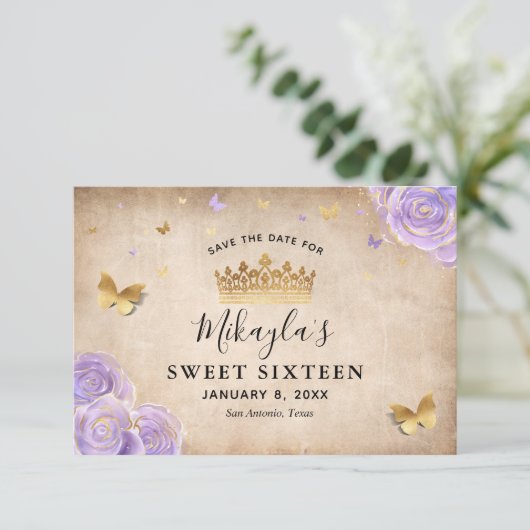 Licht Paars en gouden Roos Parchment Elegant Save The Date (Staand voorkant)