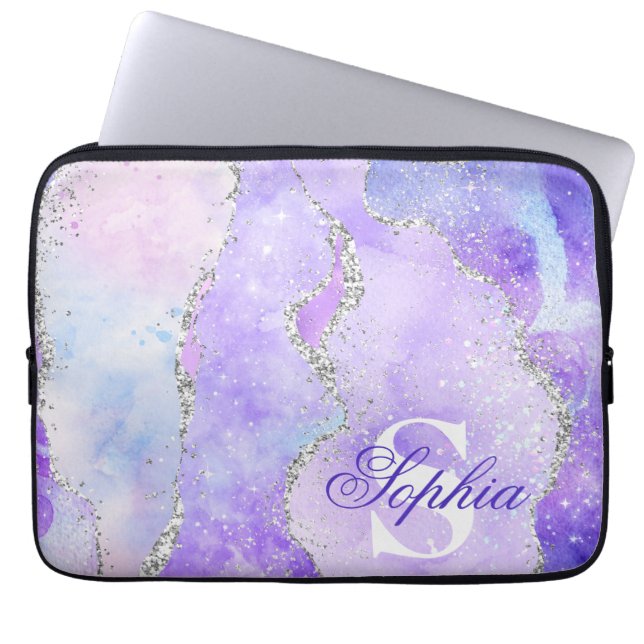 Licht Paars en zilver Faux Glitter Agate Monogram Laptop Sleeve (Voorkant)