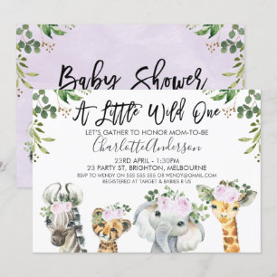 Licht Paars Safari Dieren Baby shower Uitnodiging
