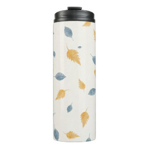 Licht Pastelblauw en Bruin Herfstbladeren Patroon Thermosbeker