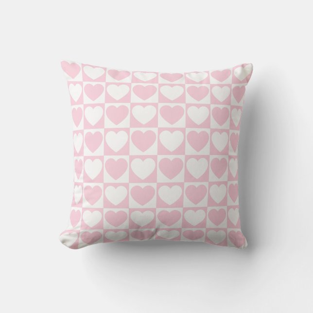 Licht roze en wit gecheckt patroon met hart kussen (Voorkant)