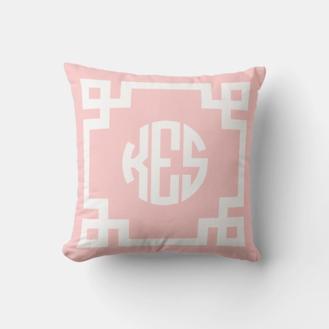 Licht Roze en Wit Grieks Sleutelcirkel Monogram Kussen (Voorkant)