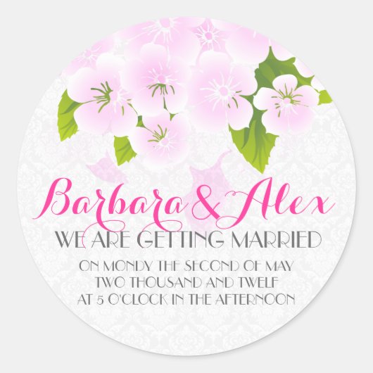 Licht roze en witte bloemen bruiloft ontwerp ronde sticker (Voorkant)