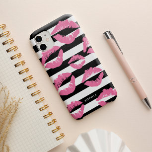 Licht Roze Lip Print Kisses Black & White Stripe iPhone 16 Hoesje