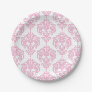 Licht Roze & Wit Damask Chic Elegant Party Papieren Bordje