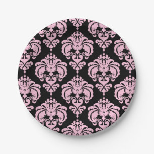 Licht Roze & Zwarte Damast Chique Elegant Feest Papieren Bordje