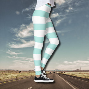 Licht turquoise en wit brede horizontale strepen leggings
