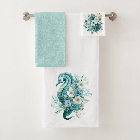Licht turquoise zeepaardje en kustbloemen bad handdoek (Insitu)