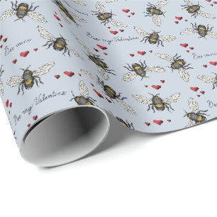 Lichtblauw Bee Mine/Be Mijn Valentijn Bijen & Hart Cadeaupapier