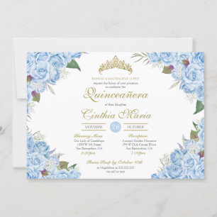 Lichtblauw Bloemen Roos Assepoester Quinceanera Kaart