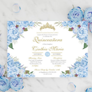 Lichtblauw Bloemen Roos Assepoester Quinceanera Kaart
