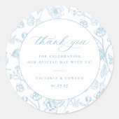  lichtblauw bloemenbruiloft dank u ronde sticker (Voorkant)