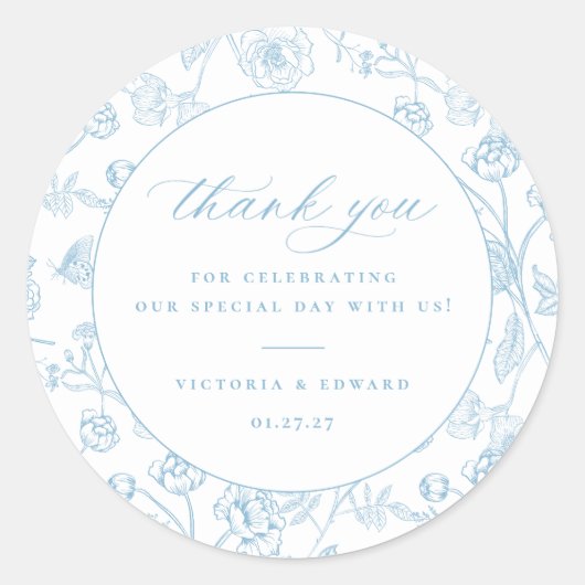 lichtblauw bloemenbruiloft dank u ronde sticker (Voorkant)