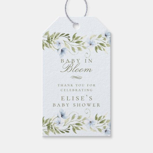 Lichtblauw Bloemenkrans Baby in Bloom Baby shower Cadeaulabel (Voorkant)