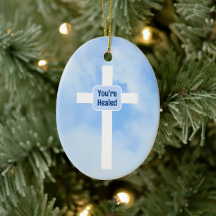 Lichtblauw Christelijk Kruis Bijbel Verse Healing Keramisch Ornament