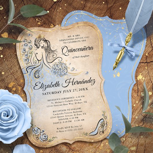 Lichtblauw en goud Prinses Quinceanera Verjaardag Kaart