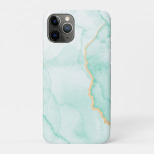 Lichtblauw en gouden waterverf marmeren golvend iPhone 11 pro hoesje