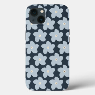 Lichtblauw en marineblauw retro bloem iPhone 13 hoesje