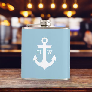 Lichtblauw en wit anker monogram heupfles