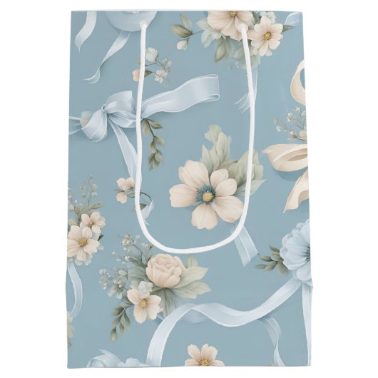 Lichtblauw en wit Bloemen en Bogen Medium Cadeauzakje (Achterkant)