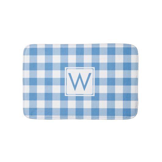 Lichtblauw en Wit Gingham Patroon met Monogram Badmat (Voorkant)