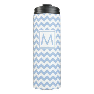 Lichtblauw en witte Chevron Stripes met monogram Thermosbeker