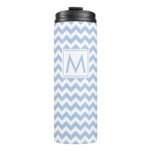 Lichtblauw en witte Chevron Stripes met monogram Thermosbeker (Voorkant)