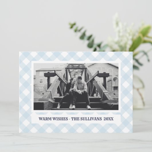 Lichtblauw geruite | Rustiek | AANGEPASTE vakantie Feestdagenkaart (Staand voorkant)