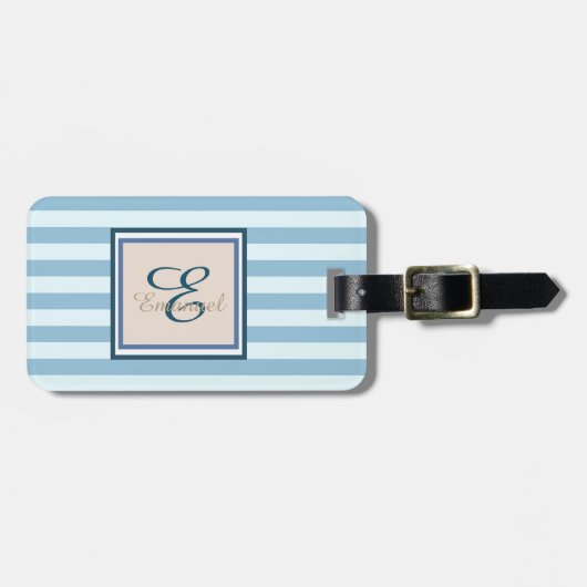 Lichtblauw gestreept met monogram-personalisatie bagagelabel (Voorkant horizontaal)