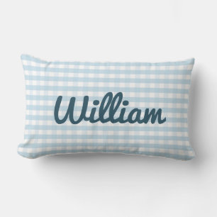 Lichtblauw Gingham Nursery Kussen met Naam