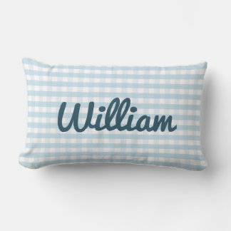 Lichtblauw Gingham Nursery Kussen met Naam