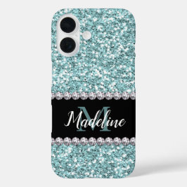Lichtblauw glitter en Pareltjes met naam en monogr iPhone 16 Hoesje