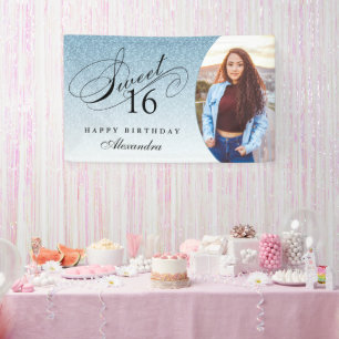 Lichtblauw Glitter Sweet 16 gepersonaliseerde foto Spandoek