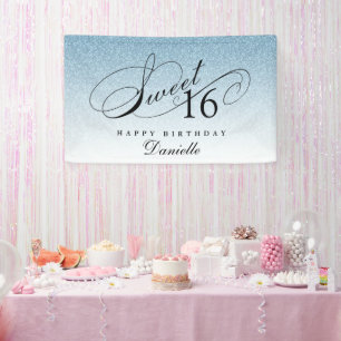 Lichtblauw Glitter Sweet 16 Gepersonaliseerde Verj Spandoek