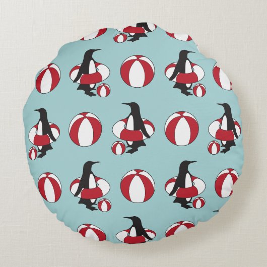 Lichtblauw Leuke Pinguïn Zwemmend Kinder Monogram Rond Kussen (Achterkant)