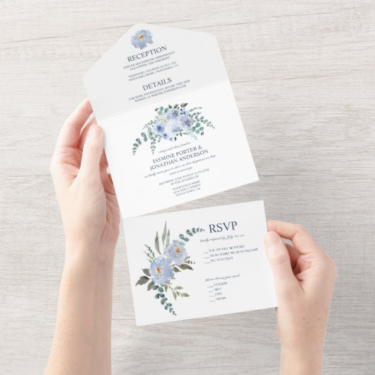 Lichtblauw & marineblauw waterverf bloemmotief | all in one uitnodiging (Afscheurbaar)