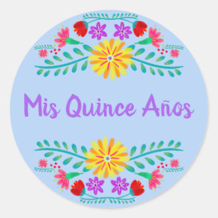 Lichtblauw Mis Quince Anos Mexicaans Feest Bloemig Ronde Sticker