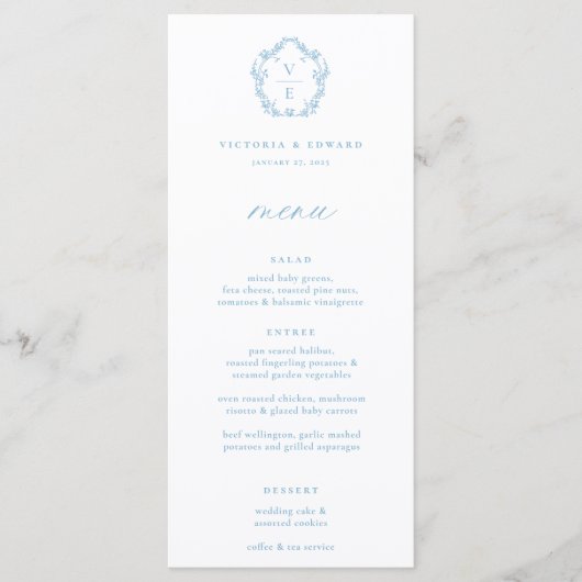 Lichtblauw Monogram Crest Bloemen Bruiloft Menu (Voorkant)