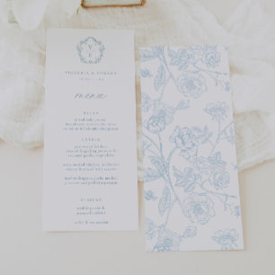  Lichtblauw Monogram Crest Bloemen Bruiloft Menu