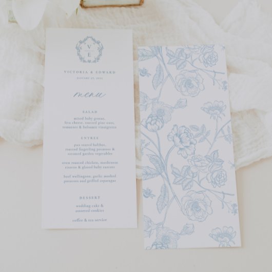 Lichtblauw Monogram Crest Bloemen Bruiloft Menu