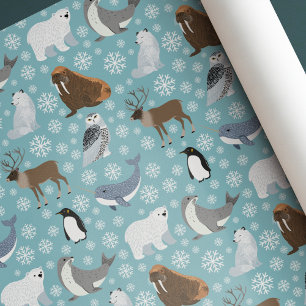 Lichtblauw Mutsige Winter Dieren Kerst Verjaardag Cadeaupapier