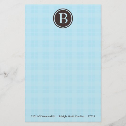 Lichtblauw Plaid Monogram Briefpapier (Voorkant)
