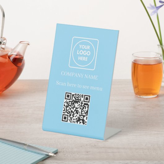 Lichtblauw QR-code menudisplay sokkelbord Reclamebord Met Voetstuk (Insitu)