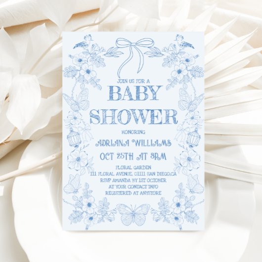 Lichtblauw Toile Bow Boy Baby shower Kaart
