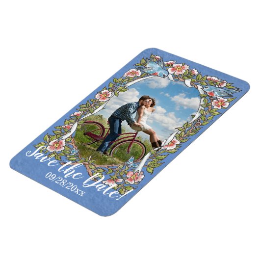 Lichtblauw Vogel Bloemen Foto Bruiloft Opslaan Dat Magneet (Linkerzijde)