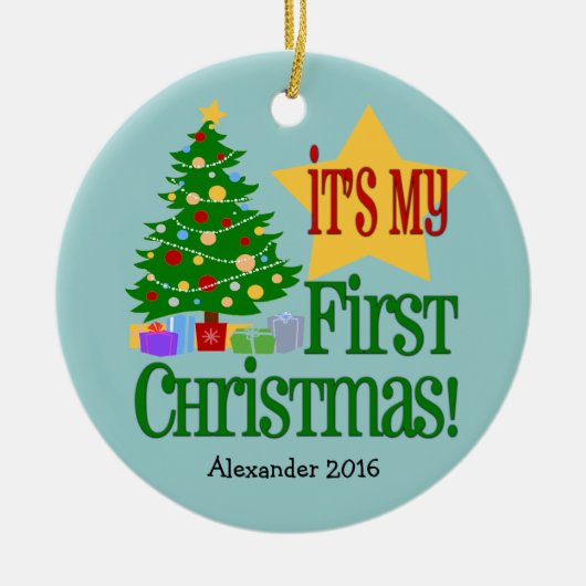 Lichtblauw w/Tree Baby's eerste kerst Ornament (Voorkant)